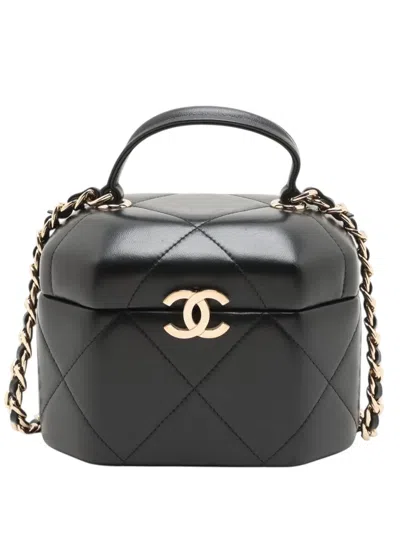 Pre-owned Chanel 2021-2026 Cc Quilted Lambskin Hexagon Top Handle Vanity Case Satchel In Black