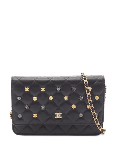 Pre-owned Chanel 2021-2026 Cc Quilted Lambskin Icon Wallet On Chain Crossbody Bag In Black