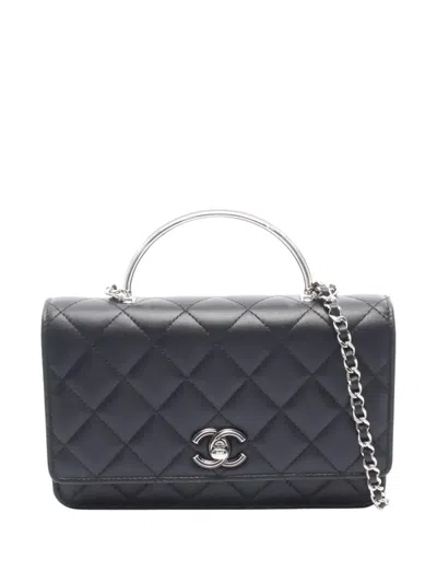 Pre-owned Chanel 2021-2026 Cc Quilted Lambskin Metal Top Handle Wallet On Chain Crossbody Bag In Black