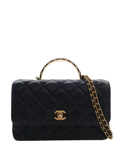 Pre-owned Chanel 2021-2026 Cc Quilted Lambskin Metal Twist Top Handle Flap Satchel In Black