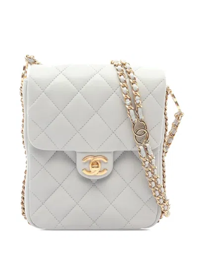 Pre-owned Chanel 2021-2026 Cc Quilted Lambskin Phone Holder With Chain Crossbody Bag In Blue