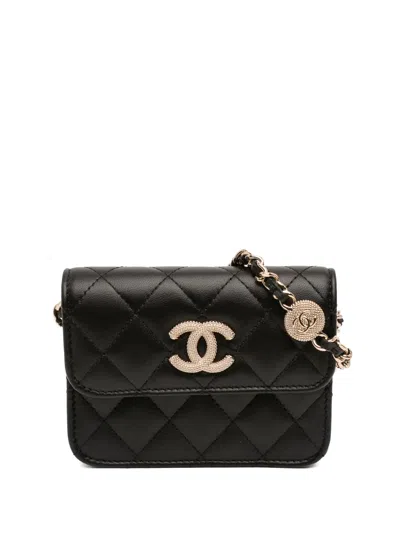 Pre-owned Chanel 2021-2026 Cc Quilted Lambskin Strass Clutch With Chain Crossbody Bag In Black