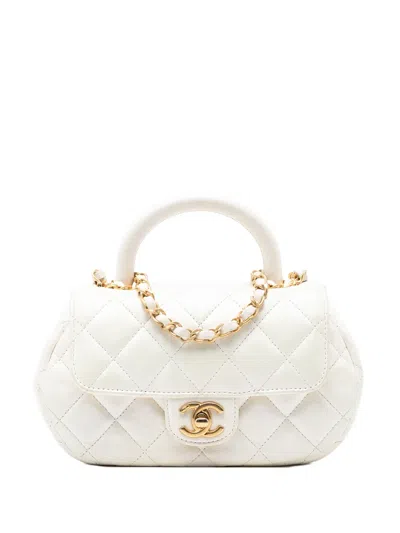 Pre-owned Chanel 2021-2026 Cc Quilted Lambskin Top Handle Bag Satchel In White