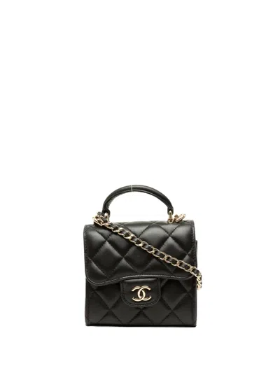 Pre-owned Chanel 2021-2026 Cc Quilted Lambskin Top Handle Flap Clutch With Chain Satchel In Black