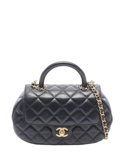 Pre-owned Chanel 2021-2026 Cc Quilted Lambskin Top Handle Flap Satchel In Black