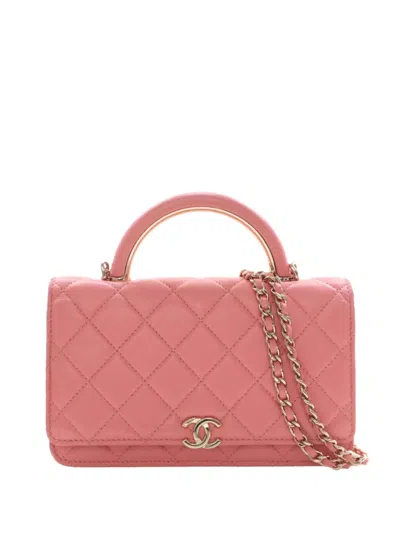Pre-owned Chanel 2021-2026 Cc Quilted Lambskin Top Handle Flap Satchel In Pink