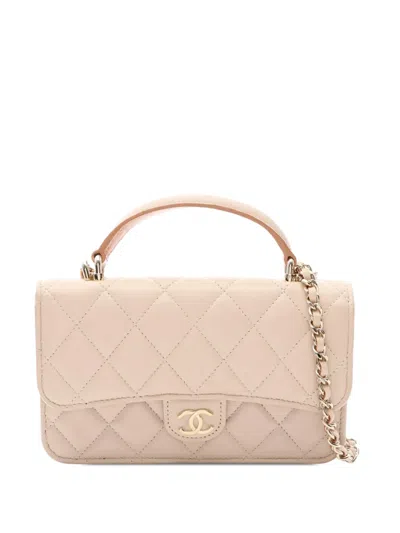 Pre-owned Chanel 2021-2026 Cc Quilted Lambskin Top Handle Phone Holder With Chain Satchel In Neutrals