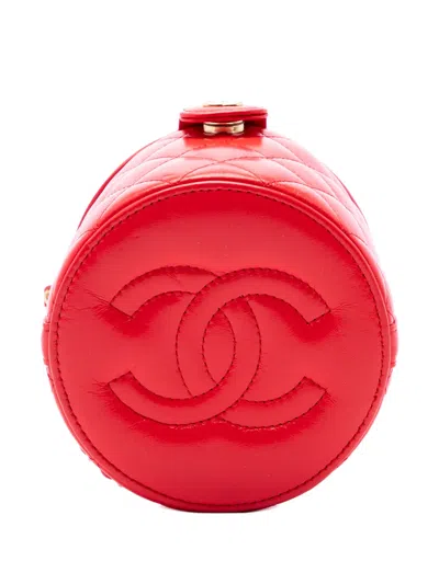 Pre-owned Chanel 2021-2026 Cc Quilted Lambskin Top Handle Round Vanity Case With Chain Satchel In Red