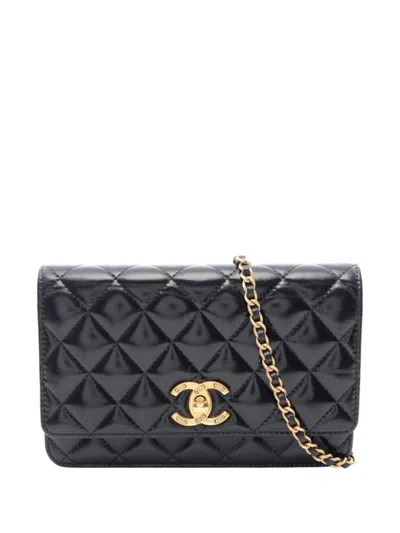 Pre-owned Chanel 2021-2026 Cc Quilted Lambskin Wallet On Chain Crossbody Bag In Black