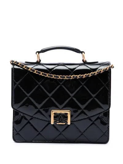 Pre-owned Chanel 2021-2026 Cc Quilted Patent Accordion Pushlock Top Handle Flap Satchel In Black