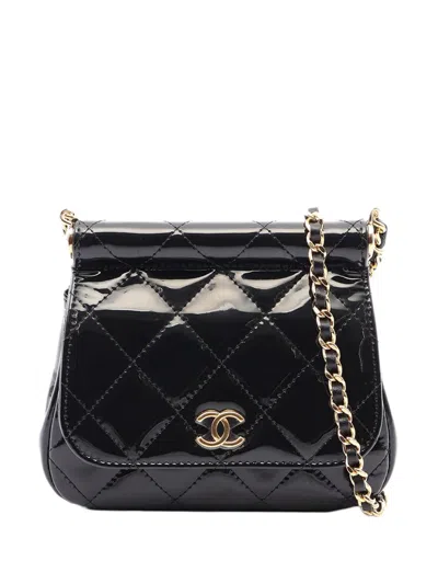 Pre-owned Chanel 2021-2026 Cc Quilted Patent Frame Flap Clutch With Chain Crossbody Bag In Black