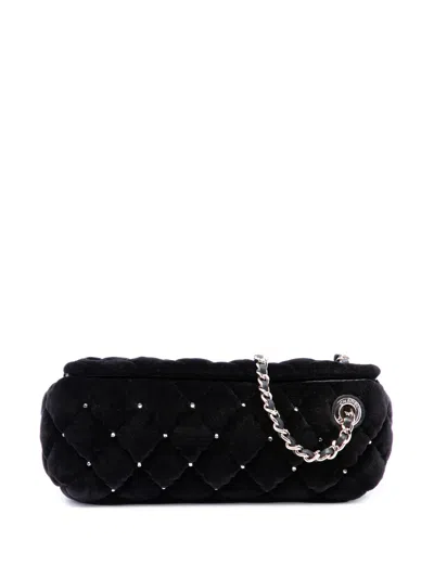 Pre-owned Chanel 2021-2026 Cc Quilted Velvet Crystal Wristlet Clutch Bag In Black