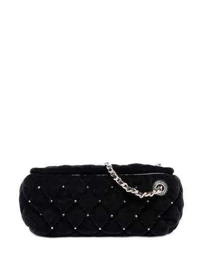 Pre-owned Chanel 2021-2026 Cc Quilted Velvet Crystal Wristlet Clutch Bag In Black