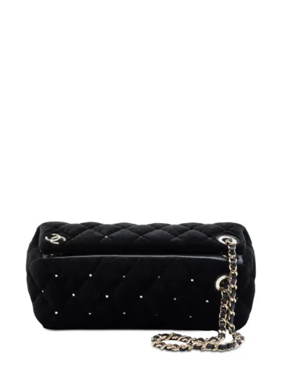 Pre-owned Chanel 2021-2026 Cc Quilted Velvet Crystal Wristlet Clutch Bag In Black