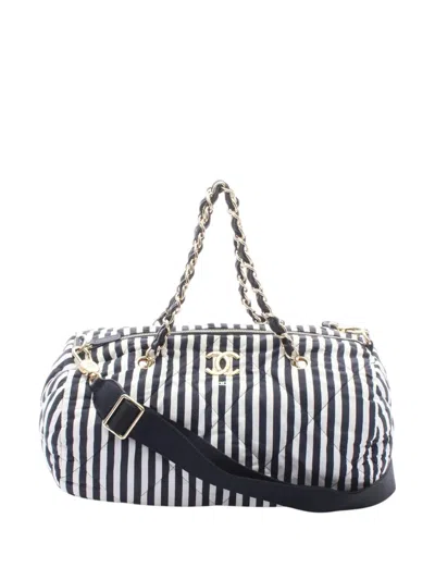 Pre-owned Chanel 2021-2026 Cc Striped Nylon Bowling Bag Satchel In Black
