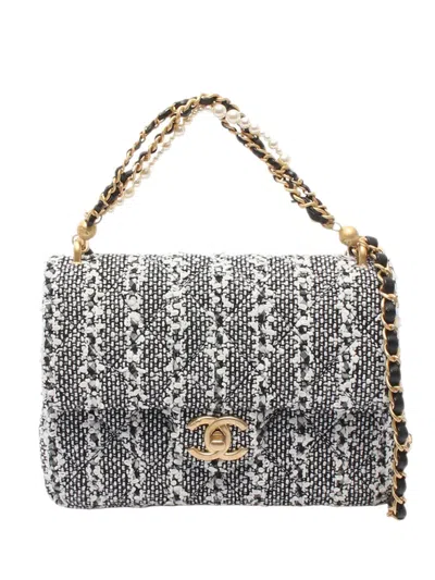 Pre-owned Chanel 2021-2026 Cc Tweed Pearl Single Flap Satchel In Gray