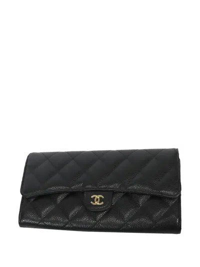 Pre-owned Chanel 2021-2026 Classic Caviar Flap Wallet Long Wallets In Black