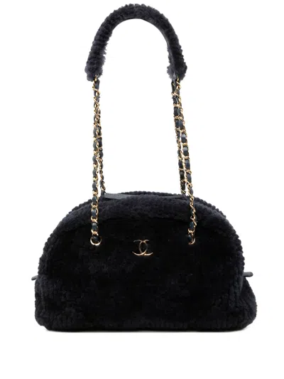 Pre-owned Chanel 2021-2026 Coco Neigh Large Quilted Shearling Bowling Bag Shoulder Bag In Blue