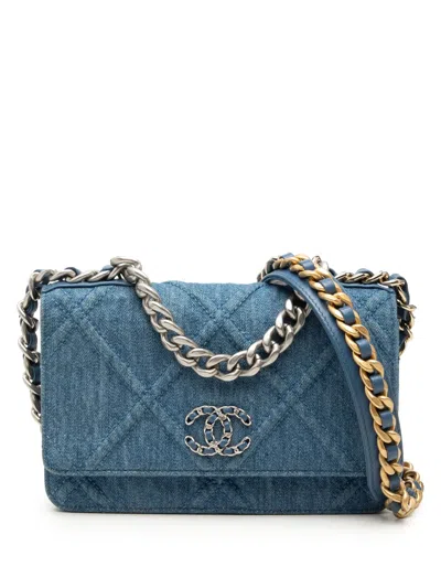 Pre-owned Chanel 2021-2026 Denim 19 Flap Wallet On Chain Satchel In Blue