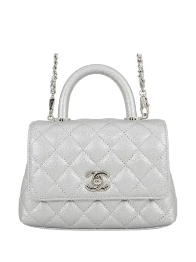 Pre-owned Chanel 2021-2026 Extra Mini Metallic Quilted Caviar Coco Top Handle Bag Satchel In Silver