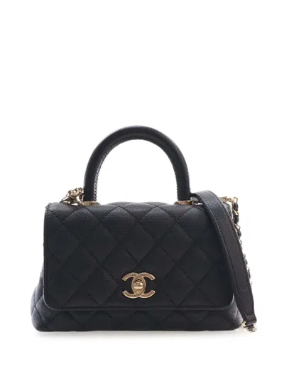 Pre-owned Chanel 2021-2026 Extra Mini Quilted Caviar Coco Top Handle Bag Satchel In Black