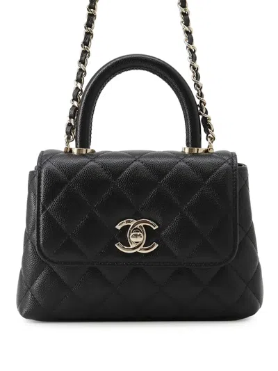Pre-owned Chanel 2021-2026 Extra Mini Quilted Caviar Coco Top Handle Bag Satchel In Black