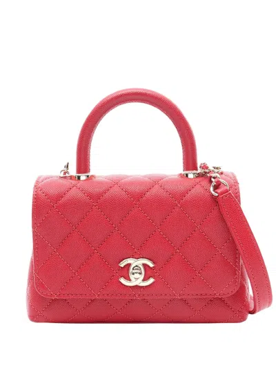Pre-owned Chanel 2021-2026 Extra Mini Quilted Caviar Coco Top Handle Bag Satchel In Red