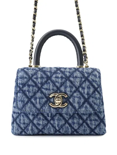 Pre-owned Chanel 2021-2026 Extra Mini Quilted Washed Denim Coco Top Handle Bag Satchel In Blue