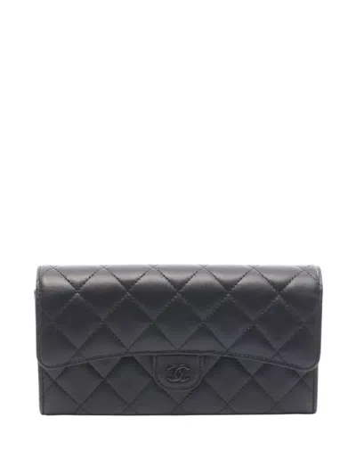 Pre-owned Chanel 2021-2026 Lambskin Quilted Classic Flap Wallet Long Wallets In Black