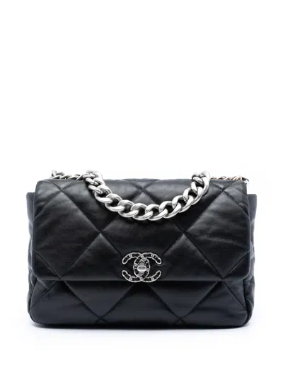 Pre-owned Chanel 2021-2026 Large Lambskin 19 Flap Satchel In Black