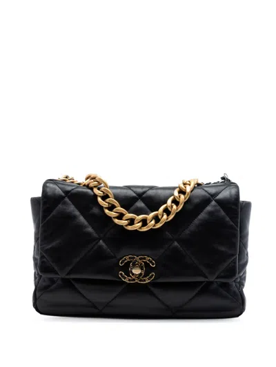 Pre-owned Chanel 2021-2026 Large Lambskin 19 Flap Satchel In Black