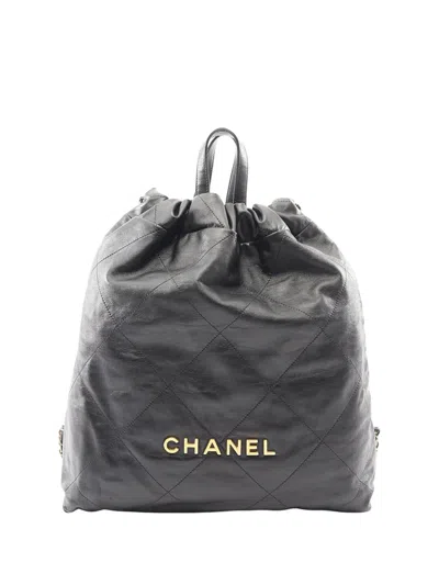 Pre-owned Chanel 2021-2026 Large Quilted Shiny Calfskin 22 Backpack In Black