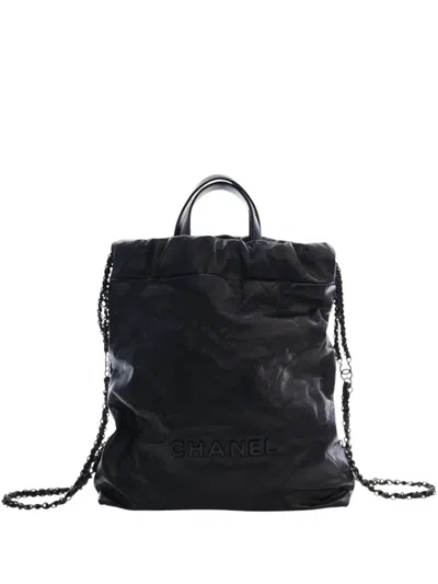 Pre-owned Chanel 2021-2026 Large Quilted Shiny Calfskin 22 Backpack In Black