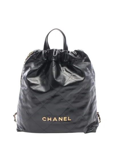 Pre-owned Chanel 2021-2026 Large Quilted Shiny Calfskin 22 Backpack In Black