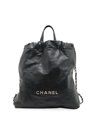 Pre-owned Chanel 2021-2026 Large Quilted Shiny Calfskin 22 Backpack In Black