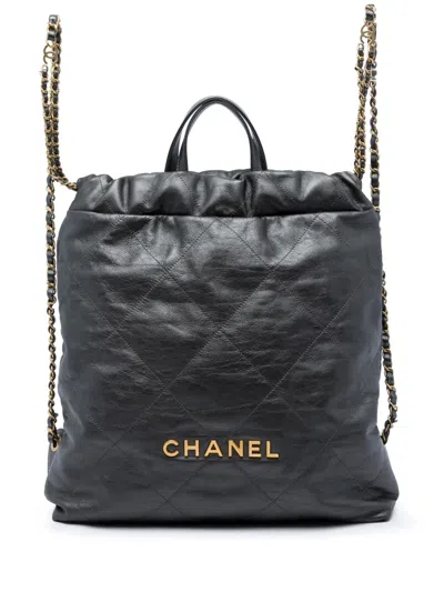 Pre-owned Chanel 2021-2026 Large Quilted Shiny Calfskin 22 Backpack In Black