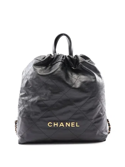 Pre-owned Chanel 2021-2026 Large Quilted Shiny Calfskin 22 Backpack In Black