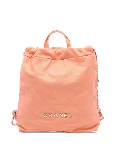 Pre-owned Chanel 2021-2026 Large Quilted Shiny Calfskin 22 Backpack In Pink