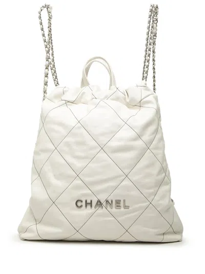 Pre-owned Chanel 2021-2026 Large Quilted Shiny Calfskin 22 Backpack In White
