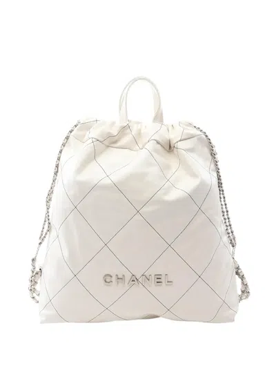 Pre-owned Chanel 2021-2026 Large Quilted Shiny Calfskin 22 Backpack In White
