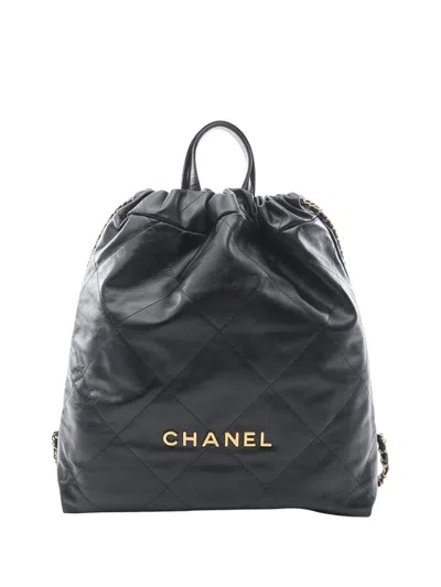 Pre-owned Chanel 2021-2026 Large Shiny Quilted Calfskin 22 Backpack In Black