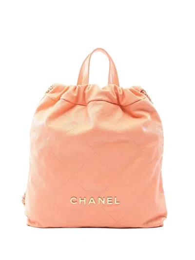 Pre-owned Chanel 2021-2026 Large Shiny Quilted Caviar 22 Backpack In Orange