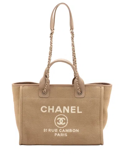 Pre-owned Chanel 2021-2026 Medium Canavs Deauville Tote Satchel In Neutrals
