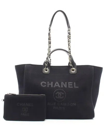 Pre-owned Chanel 2021-2026 Medium Canvas Deauville Tote Satchel In Black