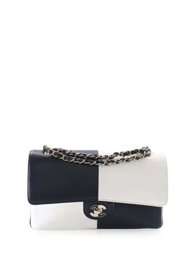 Pre-owned Chanel 2021-2026 Medium Classic Bicolor Lambskin Geometric Colorblock Double Flap Shoulder Bag In Black