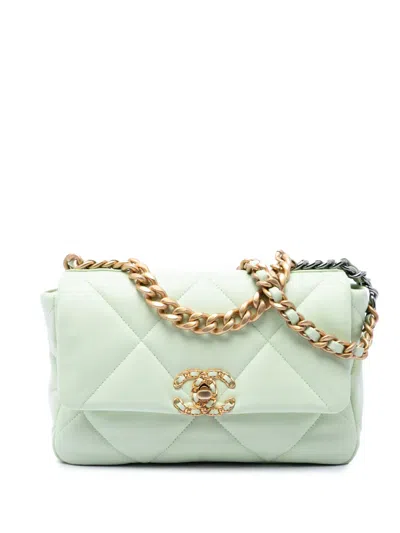 Pre-owned Chanel 2021-2026 Medium Lambskin 19 Flap Satchel In Green