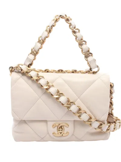 Pre-owned Chanel 2021-2026 Medium Lambskin 19 Flap Satchel In Neutral