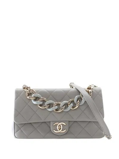 Pre-owned Chanel 2021-2026 Medium Lambskin Elegant Chain Single Flap Satchel In Grey