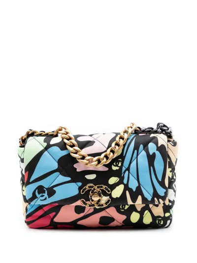 Pre-owned Chanel 2021-2026 Medium Printed Canvas 19 Flap Satchel In Black