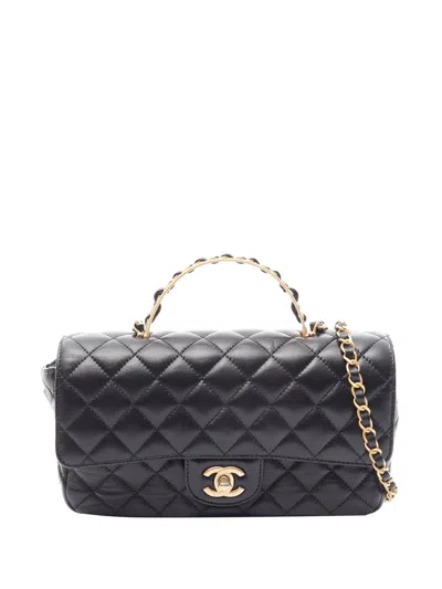 Pre-owned Chanel 2021-2026 Medium Quilted Lambskin Golden Links Top Handle Flap Satchel In Black